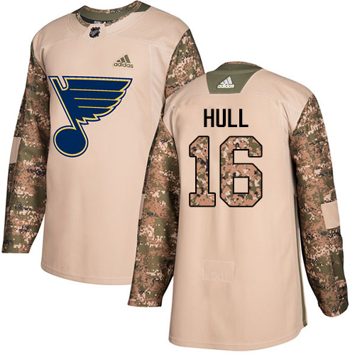 Adidas Blues #16 Brett Hull Camo Authentic Veterans Day Stitched NHL Jersey - Click Image to Close